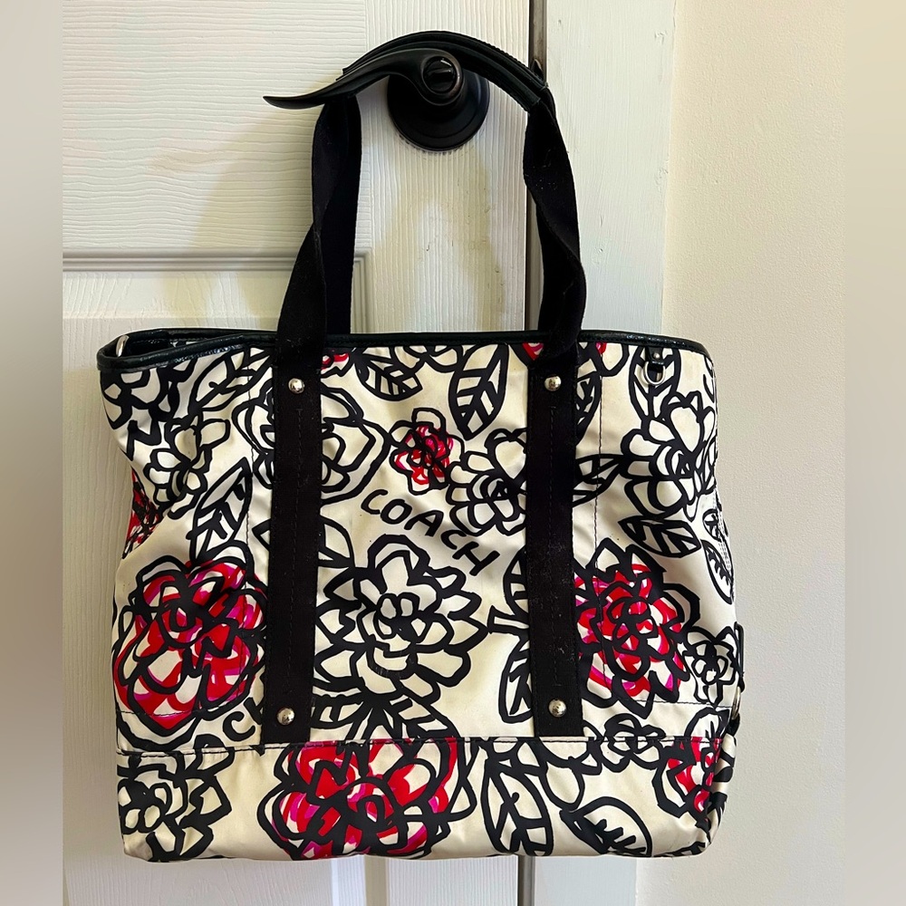 Coach Black and Red Tote Bag with Floral Accents